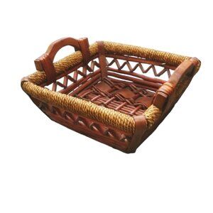 Wooden with  Wicker Square Basket with Handles Brown